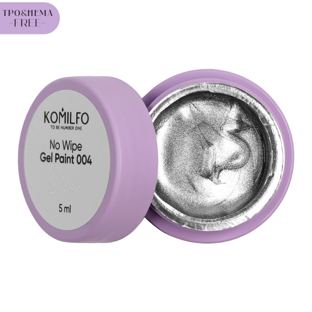 Komilfo No Wipe Gel Paint Silver 004 HEMA/TPO free, Гель-фарба БЕЗ липкого шару, 5 мл 1